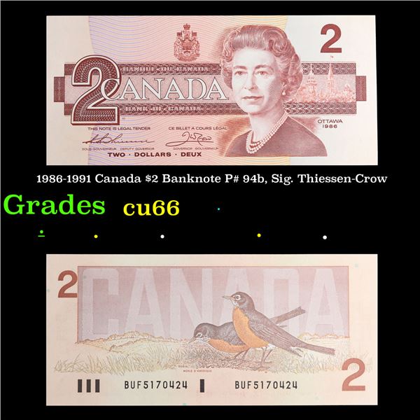 1986-1991 Canada $2 Banknote P# 94b, Sig. Thiessen-Crow Grades Gem+ CU