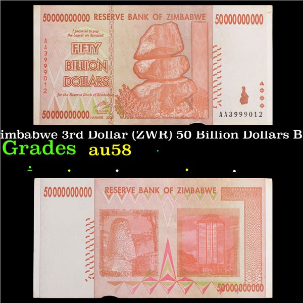 2007-2008 Zimbabwe 3rd Dollar (ZWR) 50 Billion Dollars Banknote P# 87 Grades Choice AU/BU Slider