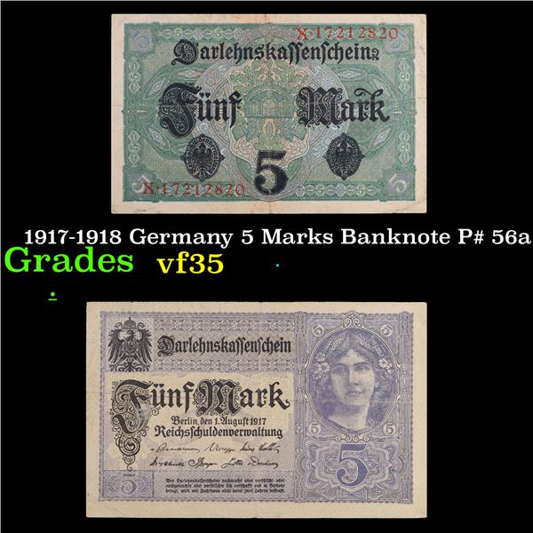 1917-1918 Germany 5 Marks Banknote P# 56a Grades vf++