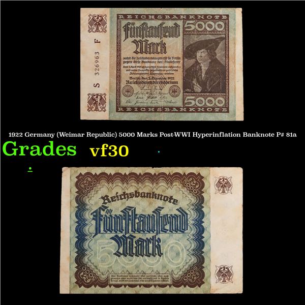 1922 Germany (Weimar Republic) 5000 Marks Post-WWI Hyperinflation Banknote P# 81a Grades vf++