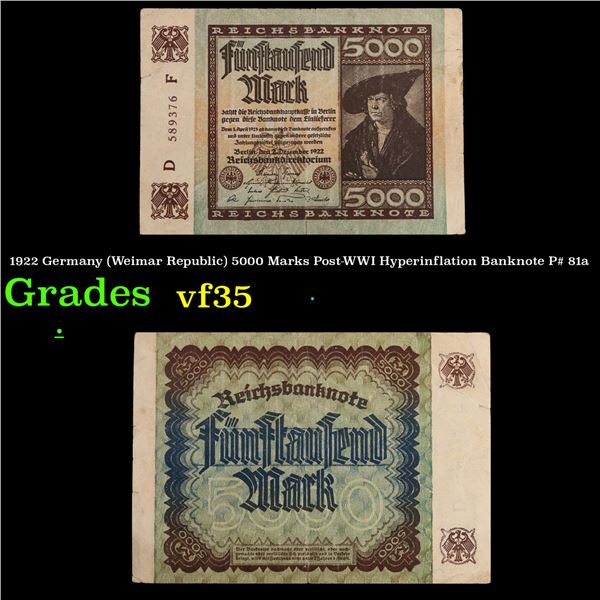 1922 Germany (Weimar Republic) 5000 Marks Post-WWI Hyperinflation Banknote P# 81a Grades vf++