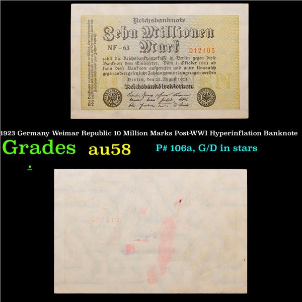 1923 Germany Weimar Republic 10 Million Marks Post-WWI Hyperinflation Banknote Grades Choice AU/BU S