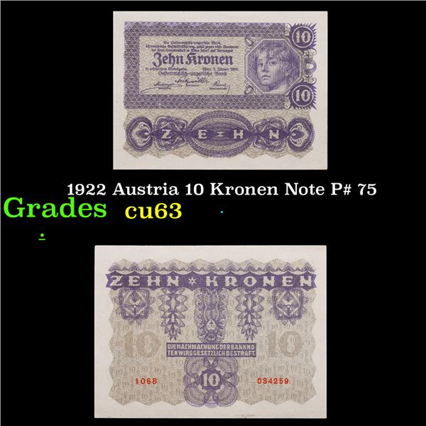 1922 Austria 10 Kronen Note P# 75 Grades Select CU