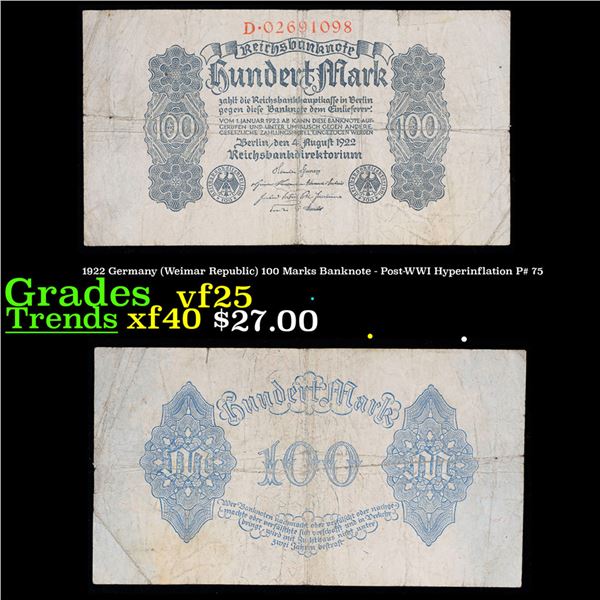1922 Germany (Weimar Republic) 100 Marks Banknote - Post-WWI Hyperinflation P# 75 Grades vf+