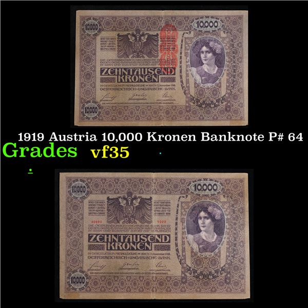 1919 Austria 10,000 Kronen Banknote P# 64 Grades vf++