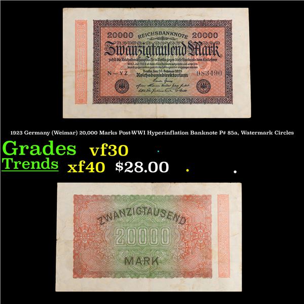 1923 Germany (Weimar) 20,000 Marks Post-WWI Hyperinflation Banknote P# 85a, Watermark Circles Grades