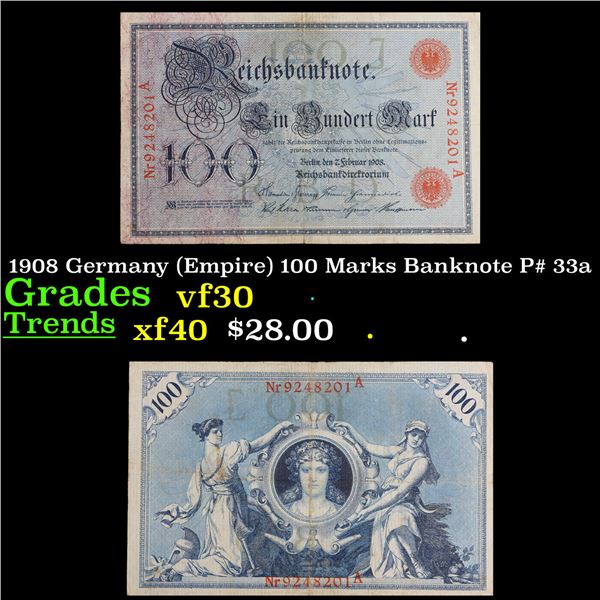 1908 Germany (Empire) 100 Marks Banknote P# 33a Grades vf++