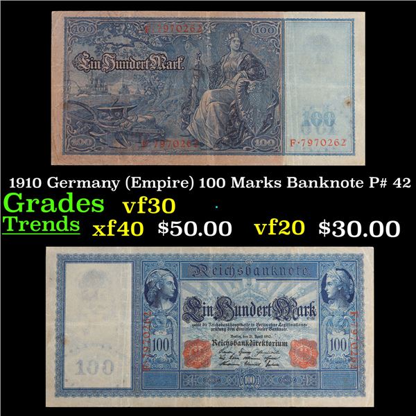 1910 Germany (Empire) 100 Marks Banknote P# 42 Grades vf++
