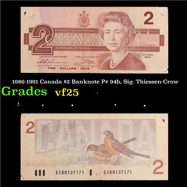 1986-1991 Canada $2 Banknote P# 94b, Sig. Thiessen-Crow Grades vf+