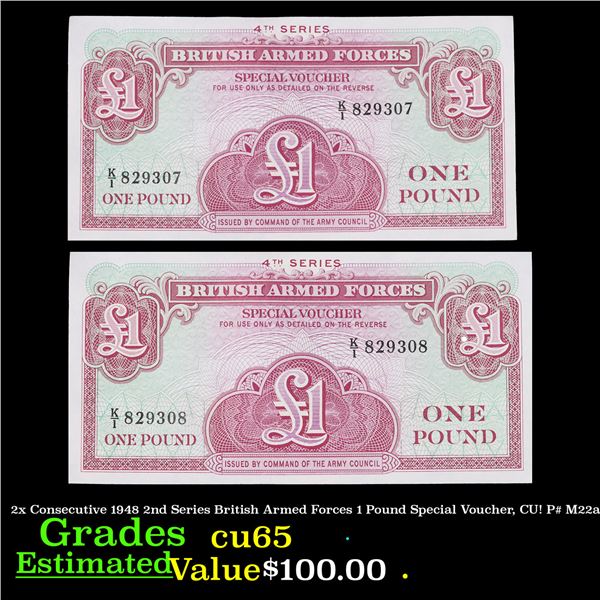 2x Consecutive 1948 2nd Series British Armed Forces 1 Pound Special Voucher, CU! P# M22a Grades Gem 