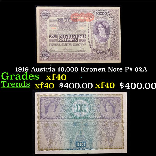1919 Austria 10,000 Kronen Note P# 62A Grades xf