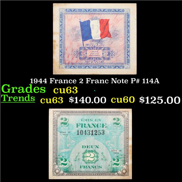 1944 France 2 Franc Note P# 114A Grades Select CU