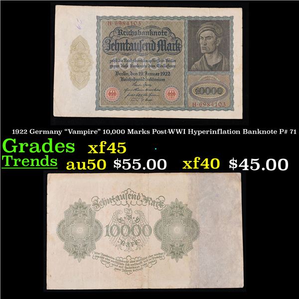 1922 Germany "Vampire" 10,000 Marks Post-WWI Hyperinflation Banknote P# 71 Grades xf+