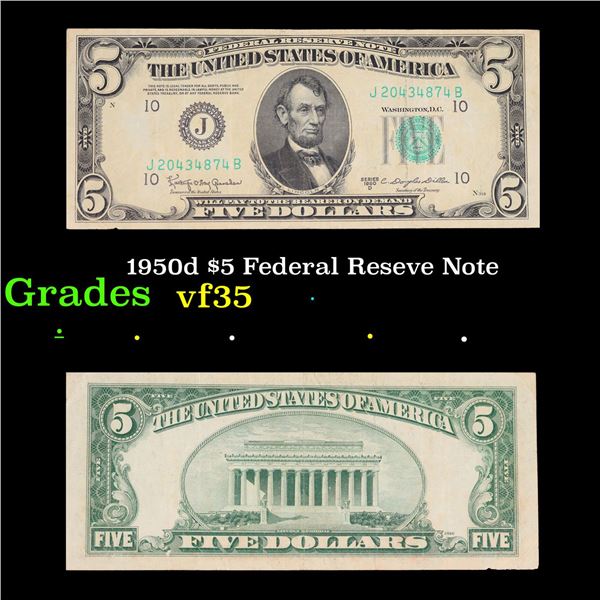 1950d $5 Federal Reseve Note Grades vf++