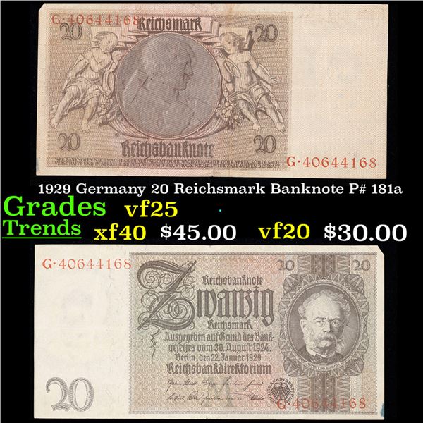 1929 Germany 20 Reichsmark Banknote P# 181a Grades vf+