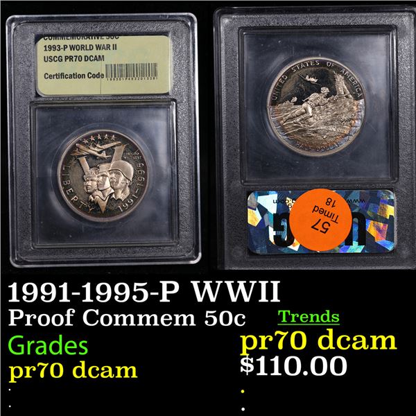 Proof 1991-1995-P WWII Modern Commem Half Dollar 50c Graded GEM++ Proof Deep Cameo BY USCG