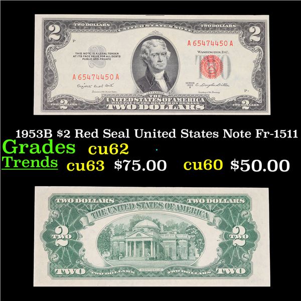1953B $2 Red Seal United States Note Fr-1511 Grades Select CU