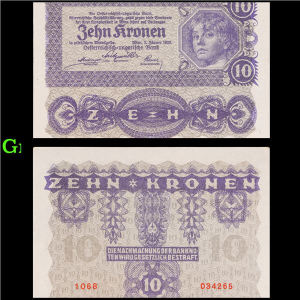 1922 Austia 10 Kronen Note P# 75 Grades Gem CU