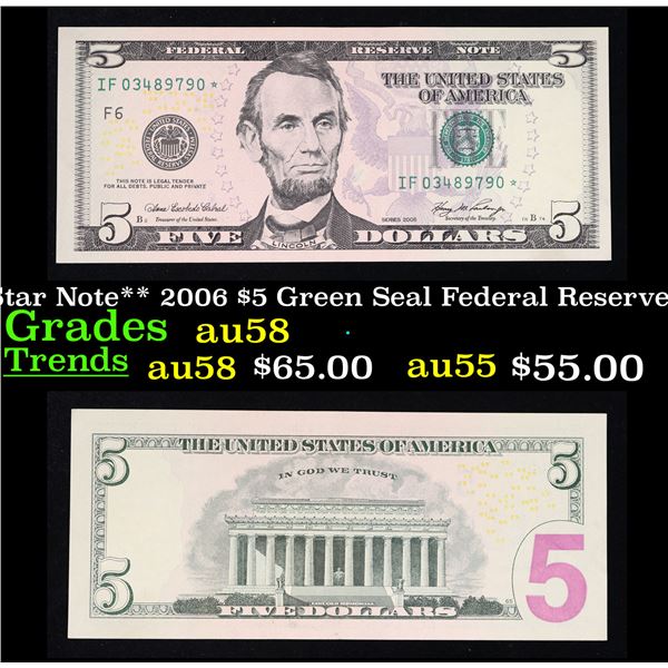 **Star Note** 2006 $5 Green Seal Federal Reserve Note Grades Choice AU/BU Slider