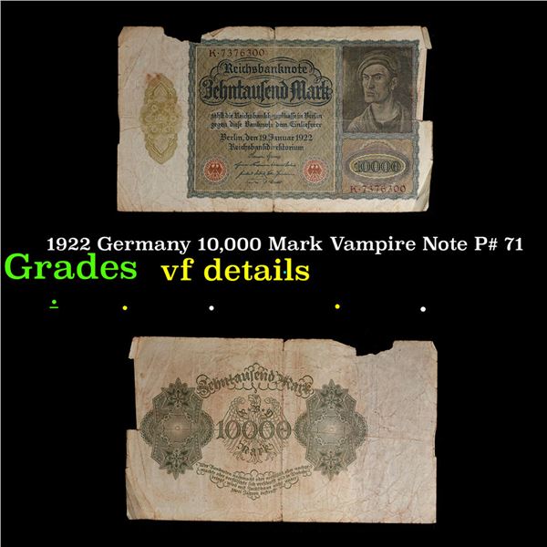 1922 Germany 10,000 Mark Vampire Note P# 71 Grades vf details
