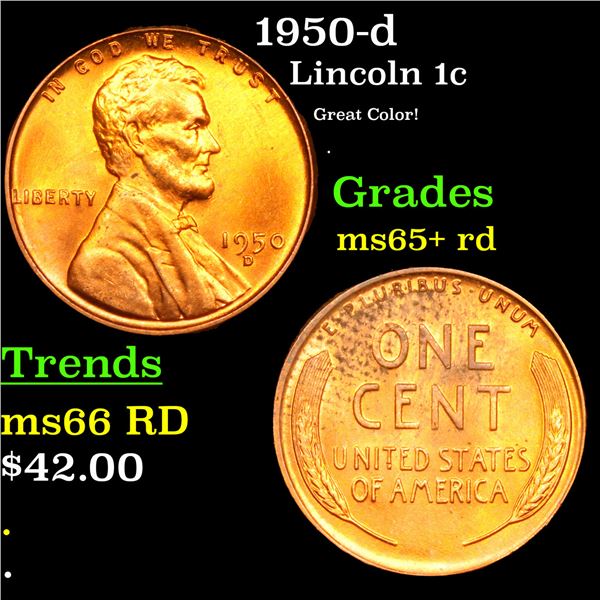 1950-d Lincoln Cent 1c Grades Gem+ Unc RD