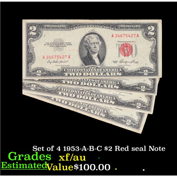Set of 4 1953-A-B-C $2 Red seal Note Grades XF/AU