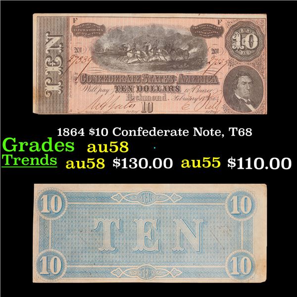 1864 $10 Confederate Note, T68 Grades Choice AU/BU Slider