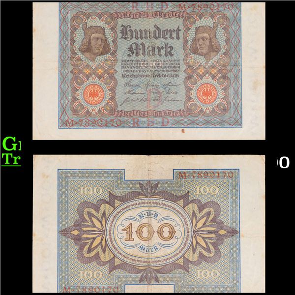 1920 Germany (Weimar Republic) 100 Marks Banknote - Post-WWI Hyperinflation P# 69a Grades Select AU