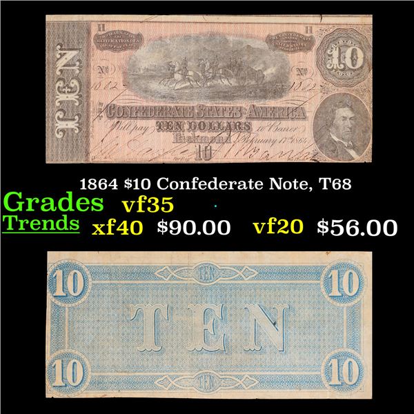 1864 $10 Confederate Note, T68 Grades vf++