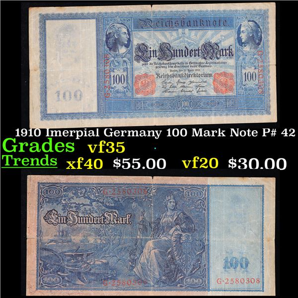 1910 Imerpial Germany 100 Mark Note P# 42 Grades vf++