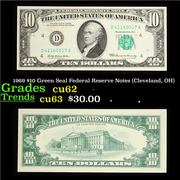 1969 $10 Green Seal Federal Reserve Notes (Cleveland, OH) Grades Select CU