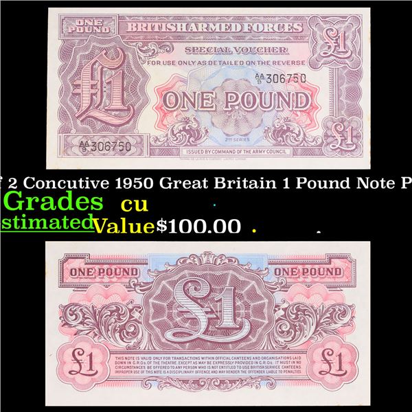 Set of 2 Concutive 1950 Great Britain 1 Pound Note P# M22A Grades CU