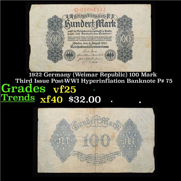 1922 Germany (Weimar Republic) 100 Mark Third Issue Post-WWI Hyperinflation Banknote P# 75 Grades vf