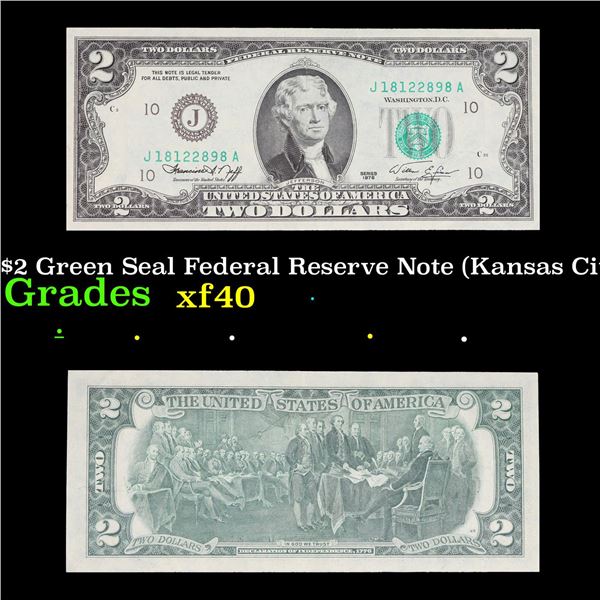 1976 $2 Green Seal Federal Reserve Note (Kansas City, MO) Grades xf