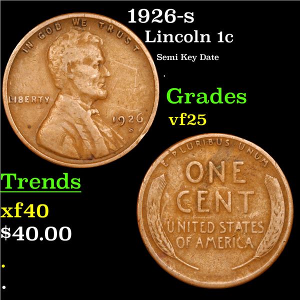 1926-s Lincoln Cent 1c Grades vf+