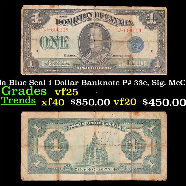 ***Auction Highlight*** 1923-1925 Canada Blue Seal 1 Dollar Banknote P# 33c, Sig. McCavour & Saunder