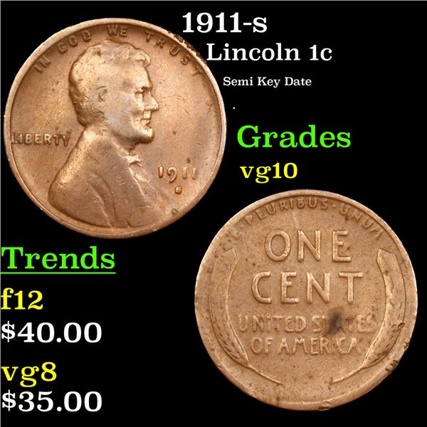 1911-s Lincoln Cent 1c Grades vg+