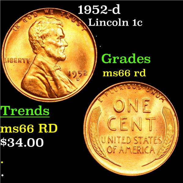 1952-d Lincoln Cent 1c Grades GEM+ Unc RD