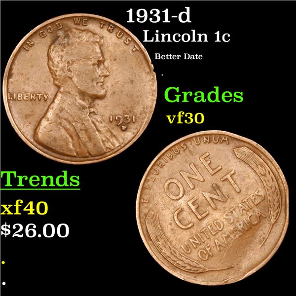 1931-d Lincoln Cent 1c Grades vf++