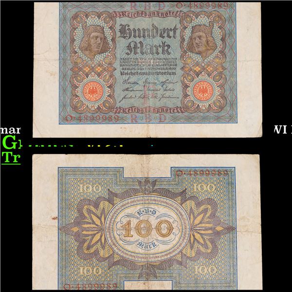 1920 Germany (Weimar Republic) 100 Marks Banknote - Post-WWI Hyperinflation P# 69a Grades vf+