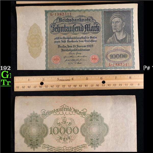 1922 Germany 10,000 Mark "Vampire Note" P# 72 Grades Choice AU/BU Slider