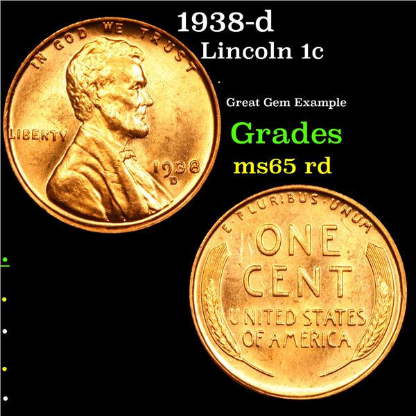 1938-d Lincoln Cent 1c Grades GEM Unc RD