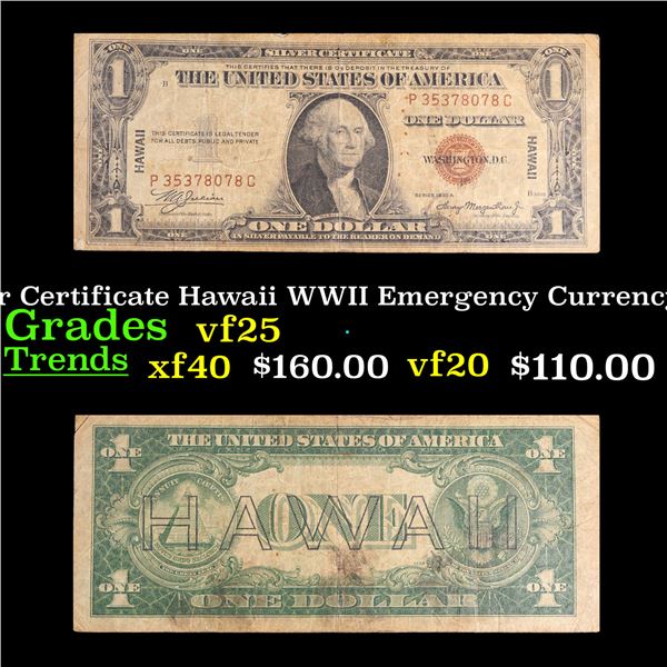 1935A $1 Silver Certificate Hawaii WWII Emergency Currency Rare PC Block Grades vf+