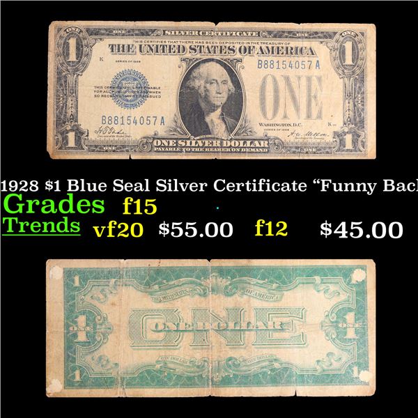 1928 $1 Blue Seal Silver Certificate "Funny Back" Grades f+