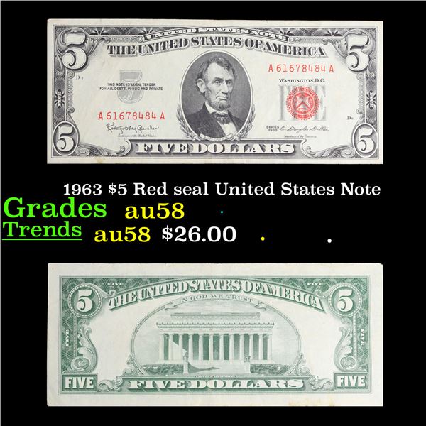 1963 $5 Red seal United States Note Grades Choice AU/BU Slider
