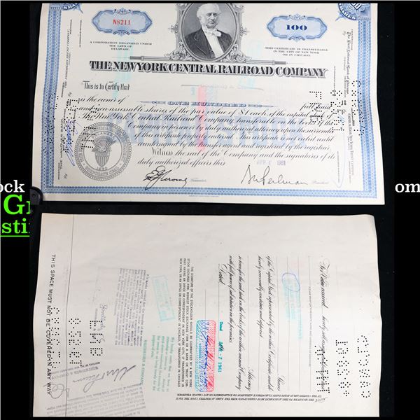 April 4 1961 Stock Certificate 'New York Central Railroad Company' 100 Shares