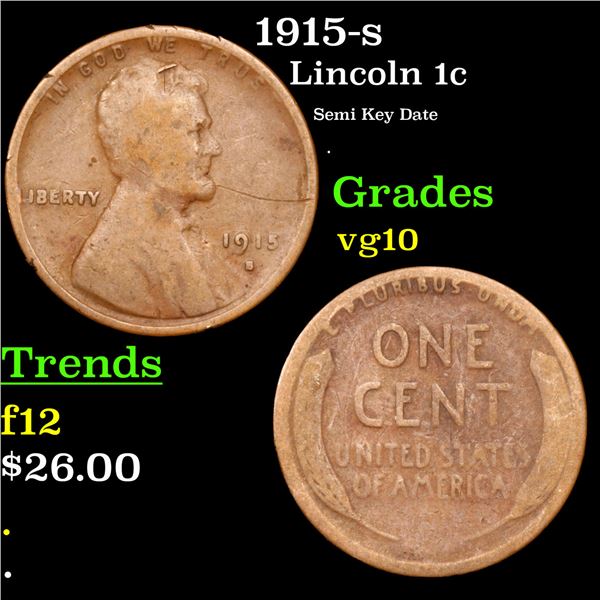 1915-s Lincoln Cent 1c Grades vg+