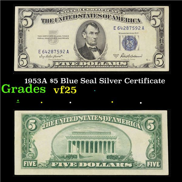 1953A $5 Blue Seal Silver Certificate Grades vf+