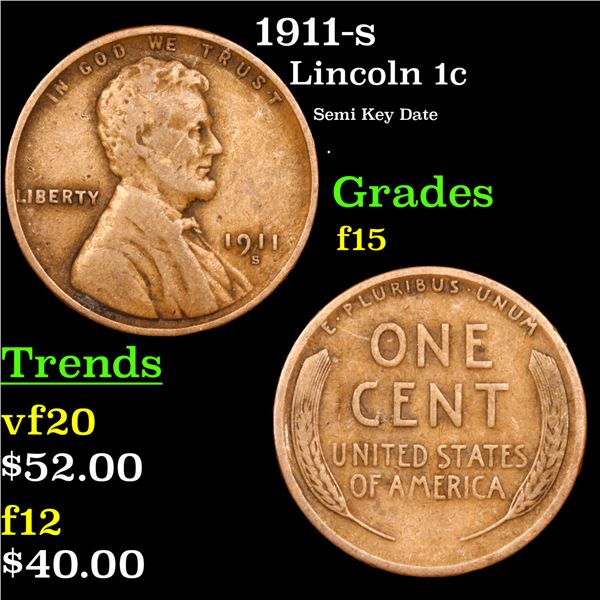 1911-s Lincoln Cent 1c Grades f+