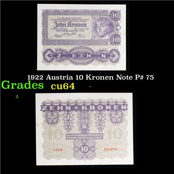 1922 Austria 10 Kronen Note P# 75 Grades Choice CU